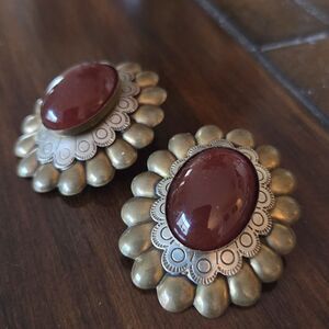 Vintage Designer Marjorie Baer SF Etruscan Style Clip Earrings Brass Silver Tone